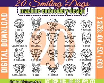 Smiling Dog Machine Embroidery Bundle | Digital Stitch Files | Includes Yorkie, Corgi, Bulldog, Labrador | Sizes 4x4, 5x7, 6x10