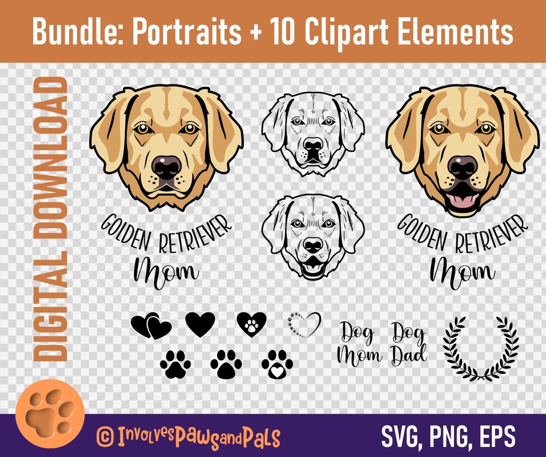 Golden Retriever SVG and PNG Bundle Golden Retriever Portrait Dog Mom ...