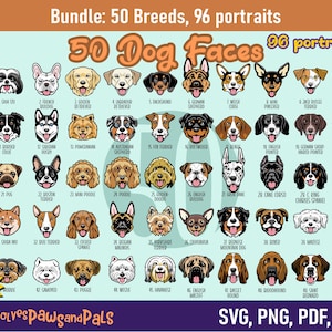 Dog Face SVG Bundle In Color - 50 Breeds, 96 Portraits |  Cute Dog Sublimation PNG | Including Pug, Yorkie, Westie | Commercial License