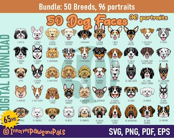 Dog Face SVG Bundle In Color - 50 Breeds, 96 Portraits |  Cute Dog Sublimation PNG | Including Pug, Yorkie, Westie | Commercial License