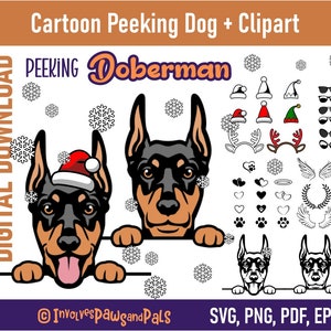 Peeking Doberman SVG | Peeking Dog SVG | Cartoon Doberman Pinscher PNG Clipart | Commercial License