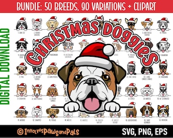 Christmas Dog Clipart | Peeking Dog SVG Bundle in Color - 50 Dog Breeds | Includes Westie, Yorkie, Pitbull | Commercial License