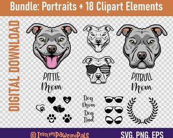 Pitbull SVG and PNG Bundle | Dog Mom SVG |  Pittie Digital Download | Digital Dog Face + Commercial License