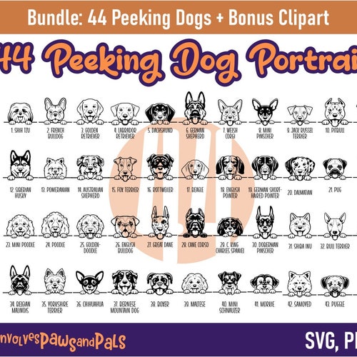 Peeking Dog SVG Bundle - 44 Dog Breeds |  Cute Dog Cartoon PNG Including Goldendoodle, Maltese, Lab Retriever | Commercial License