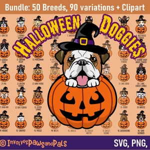 Halloween Hund Clipart | Spähender Hund SVG Bundle in Farbe - 50 Hunderassen | Enthält Westie, Yorkie, Pitbull | Kommerzielle Lizenz