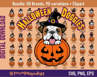 Halloween Dog Clipart | Peeking Dog SVG Bundle in Color - 50 Dog Breeds | Includes Westie, Yorkie, Pitbull | Commercial License