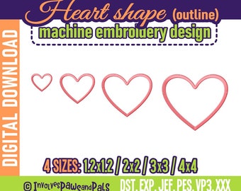 Outline Heart Shape Embroidery Design: 4 Sizes | Heart Silhouette Machine Embroidery Stitch Files Including DST, JEF, PES | Sizes 1.2" to 4"