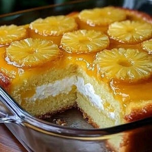 Peut inclure: Un gâteau renversé à l'ananas dans un plat en verre transparent. Le gâteau a une base brun doré, une garniture de crème blanche et est garni d'anneaux d'ananas glacés. Une tranche a été coupée, révélant les couches.