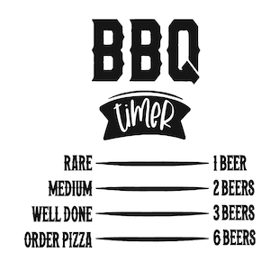 Könnte beinhalten: Schwarzweißes Grafik mit dem Text "BBQ timer" und einer Liste von Garstufen für Fleisch mit entsprechenden Bierzahlen: Rare - 1 Bier, Medium - 2 Bier, Well Done - 3 Bier, Pizza bestellen - 6 Bier.