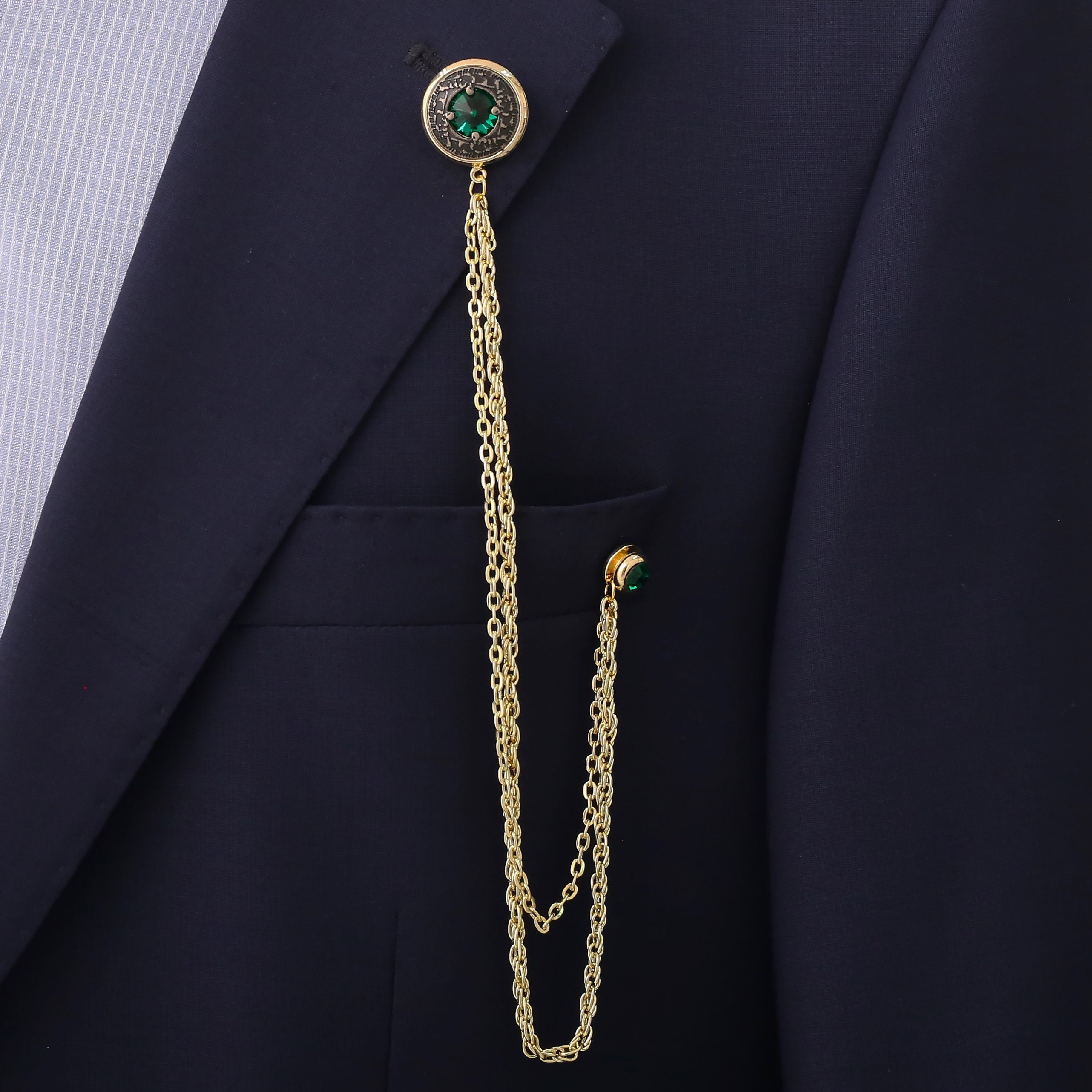 Cufflink & Lapel Pin Chain Set, Green Crystal Stone Lapel Chain Brooch ...