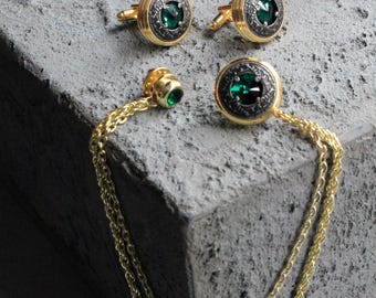 Juego de gemelos y cadena de alfiler de solapa, broche de cadena de solapa con piedra de cristal verde, gemelos, alfiler de solapa para hombres y mujeres, alfiler de cadena de solapa de oro hecho a mano.