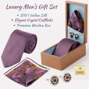 Luxe cadeauset voor heren: 100% Italiaanse zijden stropdas, pochet en elegante kristallen manchetknopen in premium houten of kartonnen doos