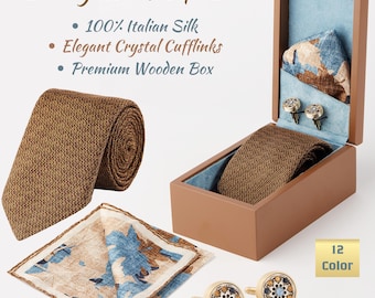 Luxus-Geschenkset für Herren - Krawatte aus 100% italienischer Seide, Einstecktuch und elegante Manschettenknöpfe aus Kristall in Premium-Holz- oder Kartonbox