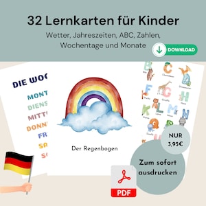 32 flashcards alemães para imprimir, cartões meteorológicos, aprender ABC, flashcards Montessori, cartões pré-escolares Cartões de aprendizagem imprimíveis para aprender números