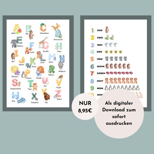 Poster Set ABC + Zahlen • Zahlen lernen • ABC lernen • Kinderzimmerposter digital download • Alphabet Poster  Druckbares 2er Set  lernposter