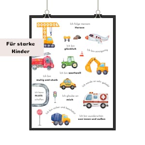 Affirmationsposter Kinderzimmer Junge| DIN A4  | Fahrzeug Poster | Geschenk Junge Poster Fahrzeuge | Auto Kinderzimmer | bagger Poster