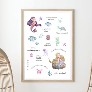Afirmación cartel niños sirena decoración niña | DIN A4 | Cartel Infantil Mar Cuadro Infantil Infantil Princesa Descarga Digital