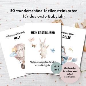 50 cartes numériques d'étape de bébé première année, cadeau de naissance, cadeau de bébé, cartes de rappel DIN A6 cartes mensuelles