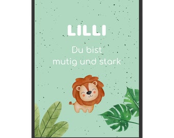 Affiche d'affirmations pour enfants jungle - lion - pépinière jungle - lion fort - enfants d'amour de soi | Personnalisé