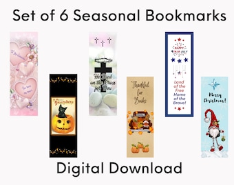 Printable Seasonal Holiday Bookmarks Set to Download, Bookworm Gift, Bookish Gift, Gift for Book Lover, Instant Download, Christmas Gifts