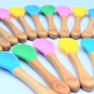 BooBamBaby® 2 x Baby Bamboo Spoons, Toddler Weaning Spoon, Eco Baby Spoon, Silicone Spoon, Wooden Spoon