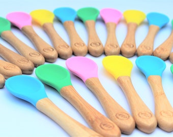 BooBamBaby® 2 x Cucharas de bambú para bebés, Cuchara de destete para niños pequeños, Cuchara ecológica para bebés, Cuchara de silicona, Cuchara de madera