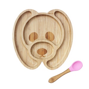 BooBamBaby®&#39;s Duke The Dog! Bamboo Baby Plate, Bamboo Suction Plate, Wooden Plate, Bamboo Spoon.