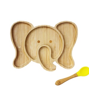 BooBamBaby®&#39;s &#39;Eva The Elephant&#39;! Bamboo Baby Plate, Bamboo Suction Plate, Wooden Plate, Bamboo Spoon.