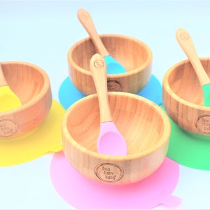 BooBamBaby® Baby Bamboo Bowl, Suction Bowl, BambooSpoon, Wooden Bowl, Silicon Spoon