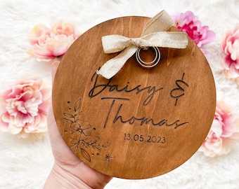 Personalized Wooden Ring Cushion for Wedding Rings - Floral Engraved Design with Names and Date - Unique and Customizable Wedding Accessory