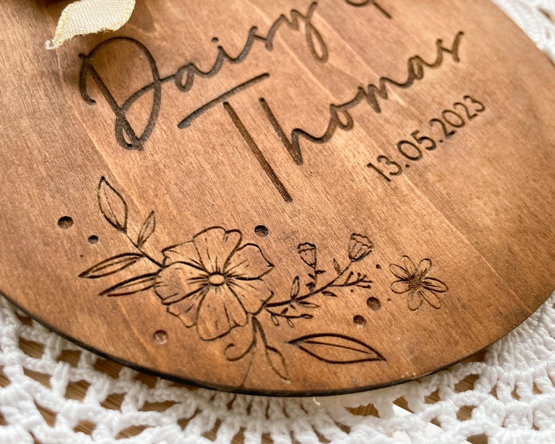 Personalized Wooden Ring Cushion for Wedding Rings Floral Engraved Design with Names and Date Unique and Customizable Wedding Accessory image 8