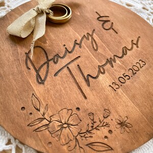 Personalized Wooden Ring Cushion for Wedding Rings Floral Engraved Design with Names and Date Unique and Customizable Wedding Accessory image 9