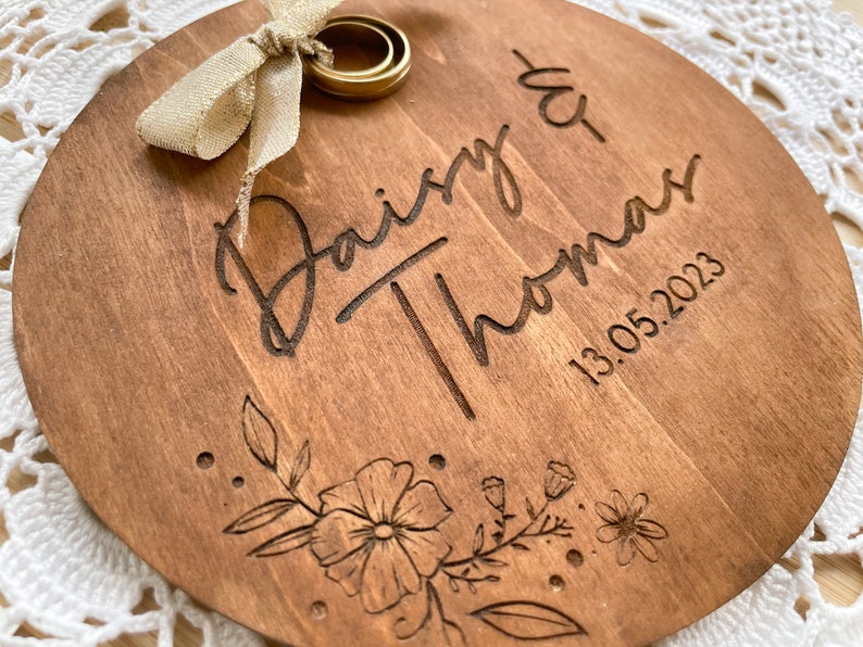 Personalized Wooden Ring Cushion for Wedding Rings Floral Engraved Design with Names and Date Unique and Customizable Wedding Accessory image 9