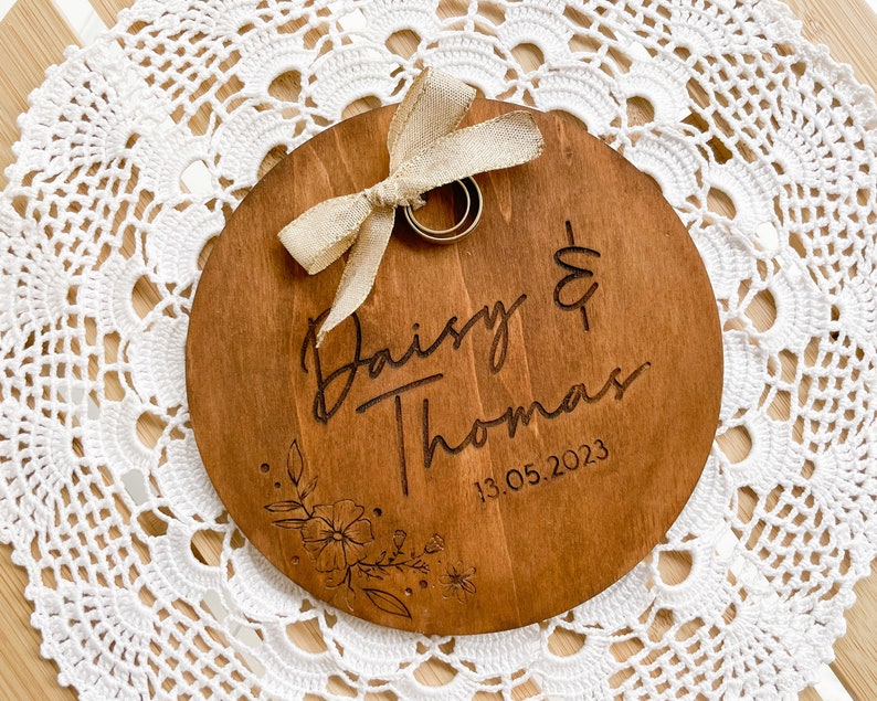 Personalized Wooden Ring Cushion for Wedding Rings Floral Engraved Design with Names and Date Unique and Customizable Wedding Accessory image 6