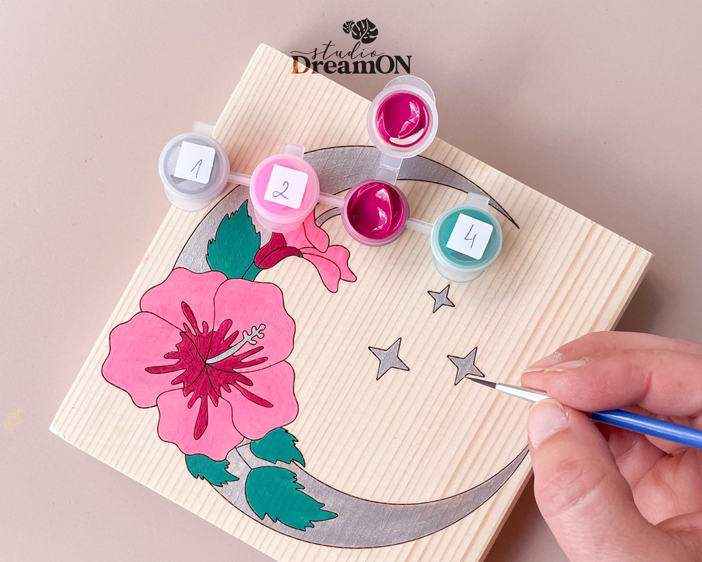 Mondsichel Malen nach Zahlen - DIY Wand Kunst Bastelset mit Blumen - Himmlischer rosa Kinderzimmer Wandbehang