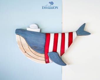 Wooden Whale Wall Art Decor - Nautical Nursery Sign - Vacation Beach House Decoration