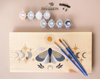 Holzfarbe nach Zahlen Kit - Himmlische Sonne, Mond und Motte DIY Art