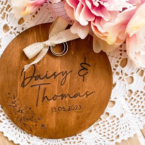 Personalized Wooden Ring Cushion for Wedding Rings Floral Engraved Design with Names and Date Unique and Customizable Wedding Accessory image 2