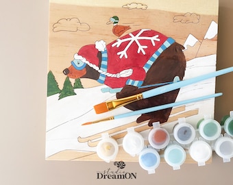 Holz malen nach Zahlen - DIY Gemälde Bastelset für Erwachsene - Individuelle Skihütte Dekor - Lustige Weihnachts- und Skigeschenke