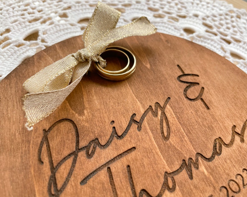 Personalized Wooden Ring Cushion for Wedding Rings Floral Engraved Design with Names and Date Unique and Customizable Wedding Accessory image 7