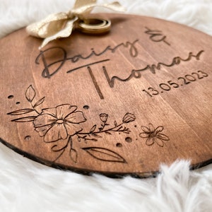 Personalized Wooden Ring Cushion for Wedding Rings Floral Engraved Design with Names and Date Unique and Customizable Wedding Accessory image 4