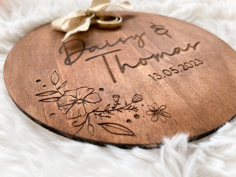 Personalized Wooden Ring Cushion for Wedding Rings Floral Engraved Design with Names and Date Unique and Customizable Wedding Accessory image 4