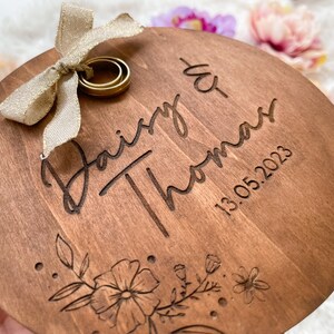 Personalized Wooden Ring Cushion for Wedding Rings Floral Engraved Design with Names and Date Unique and Customizable Wedding Accessory image 5