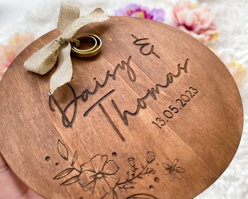 Personalized Wooden Ring Cushion for Wedding Rings Floral Engraved Design with Names and Date Unique and Customizable Wedding Accessory image 5