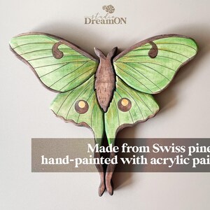 K&ouml;nnte beinhalten: Handbemalte Holz-Wandkunst eines gr&uuml;nen Luna-Falters mit braunen Akzenten. Hergestellt aus Schweizer Kiefer und handbemalt mit Acrylfarbe. Studio DreamON.