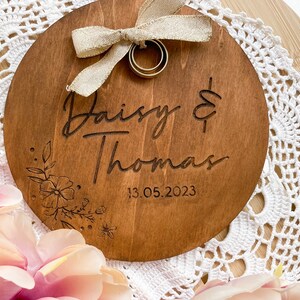 Personalized Wooden Ring Cushion for Wedding Rings Floral Engraved Design with Names and Date Unique and Customizable Wedding Accessory image 3