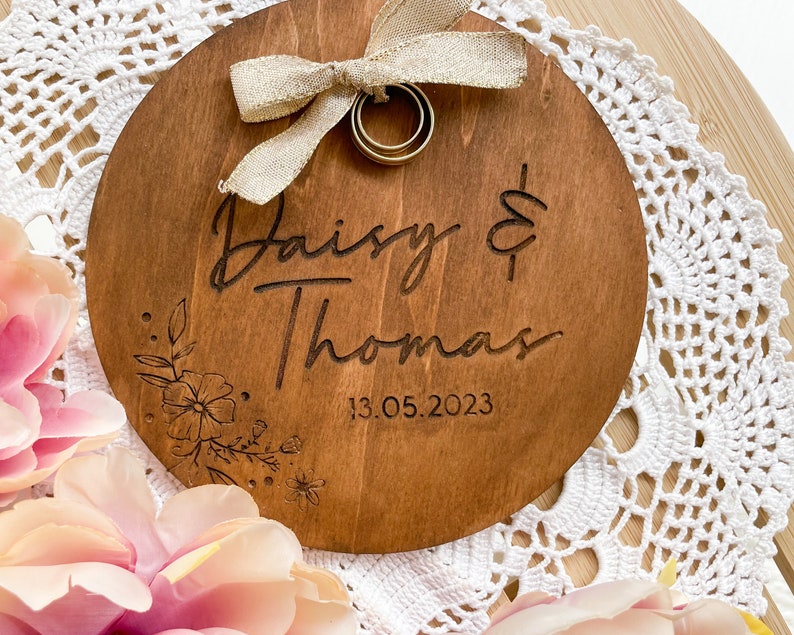 Personalized Wooden Ring Cushion for Wedding Rings Floral Engraved Design with Names and Date Unique and Customizable Wedding Accessory image 3