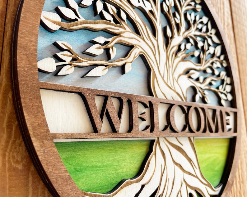 Handmade Family Tree Welcome Sign - Painted Plywood Door Decor - Etsy