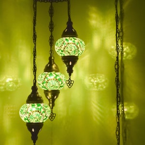 Emerald Green Mosaic Ceiling Lamp, Turkish Pendant Light,  Moroccan Hanging Lamp with 15 Feet Swag Plug-in for Farmhouse Decor