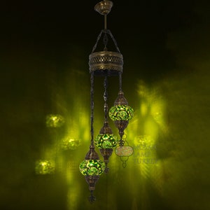 Green Mosaic Hanging Lamp, Handmade Mosaic Lamp, Turkish Pendant Light, Mosaic Ceiling Lamp, 3in1 Mosaic Chandelier